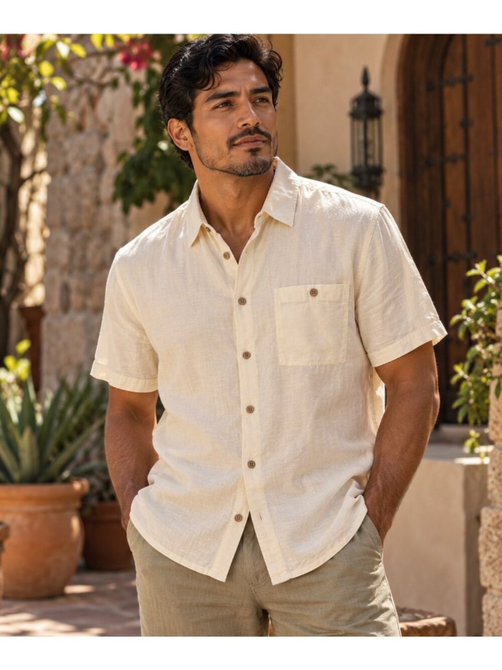 Wellen Huckberry Men’s Linen EcoVero Short Sleeve Button Up Shirt Cream L